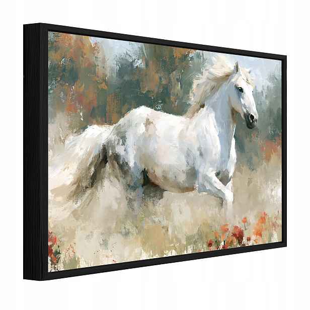 Obraz V Černém Rámu Na Plátně Bílý Kůň Louka Obývací Pokoj Ložnice 120x80