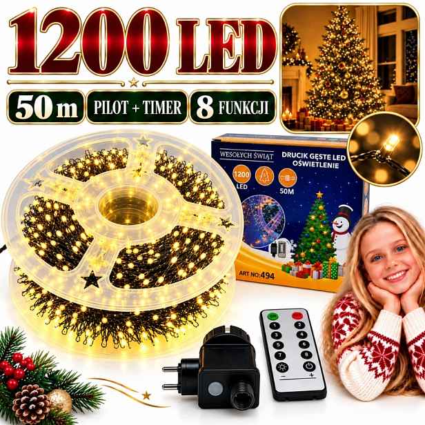 Vánoční Osvětlení Na Stromeček 1200 Led 50 M Teplé Bílé Drátek Dálkové Ovládání Časovač 8 Režimů