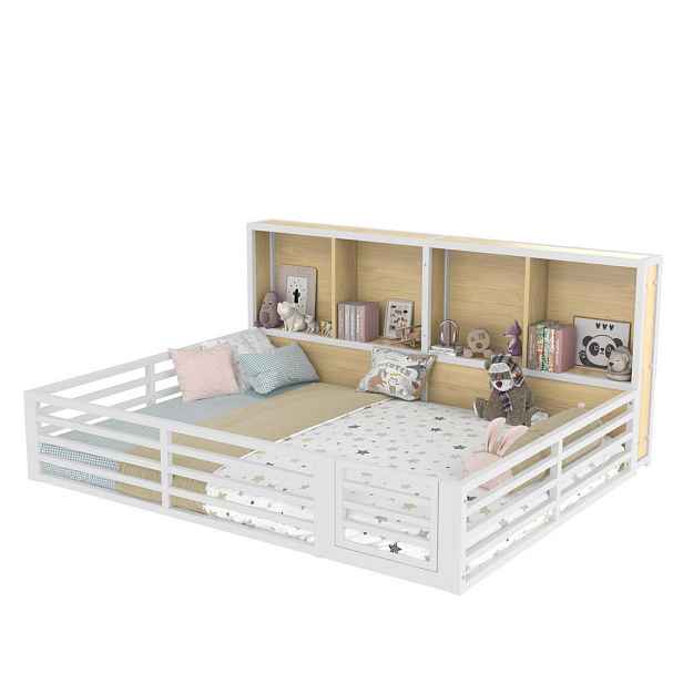 Modenvie DĚTSKÁ postýlka s bočnicí, 140/200 cm, kov a MDF bílá, s LED osvětlením a roštem
