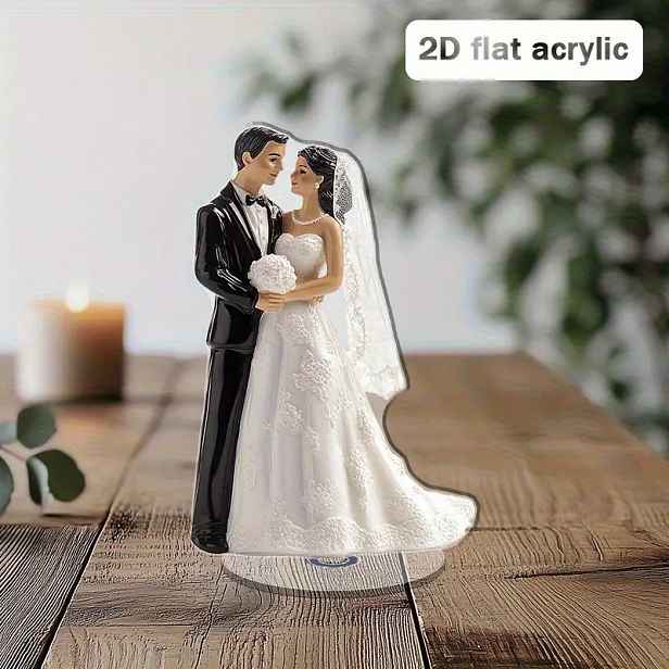 TEMU 2D Plochý, Elegantní 2D Plochý Akrylový Svatební Dekor – Nevěsta a Ženich Držící se za Ruce, Stolní Dekorace, Vhodné pro Interiér/Exteriér,