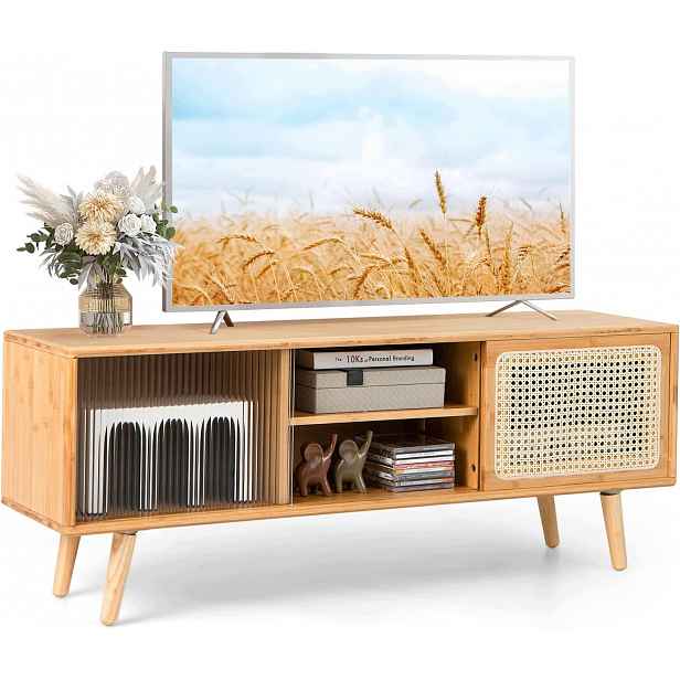 Bambusová Tv Skříňka S Posuvnými Dveřmi Sklo Do 55 Palců 120X31X45 CM