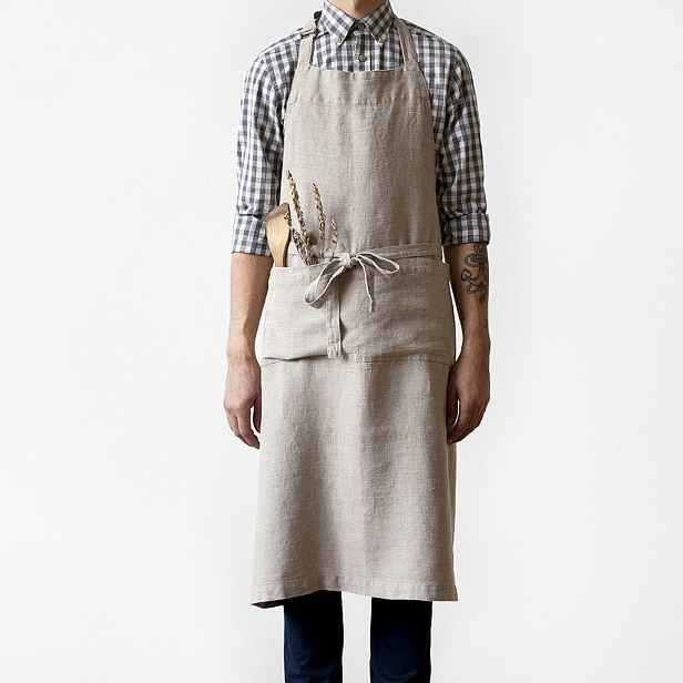 Béžová lněná zástěra Linen Tales Chef, délka 100 cm