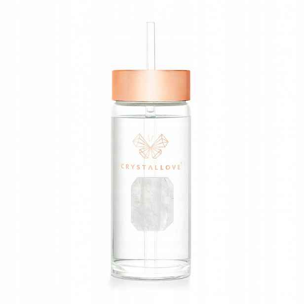 Crystallove Skleněná lahvička na vodu s křišťálem a brčkem 400 ml