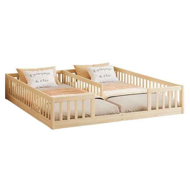 Redom DĚTSKÁ postýlka 204/187/40 cm s bezpečnostním zábradlím a roštem, pro 2 děti, borovicové dřevo, Přírodní