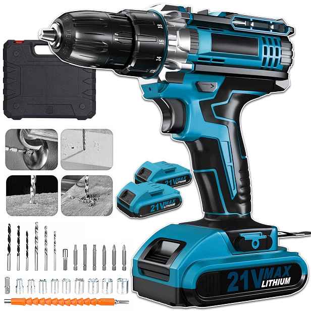 21V akumulátorová aku vrtačka s kufříkem a sadou příslušenství