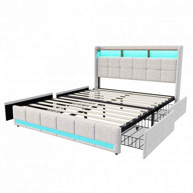 ČALOUNĚNÁ postel 160x200 cm s USB, 4 zásuvky, LED, len, béžová