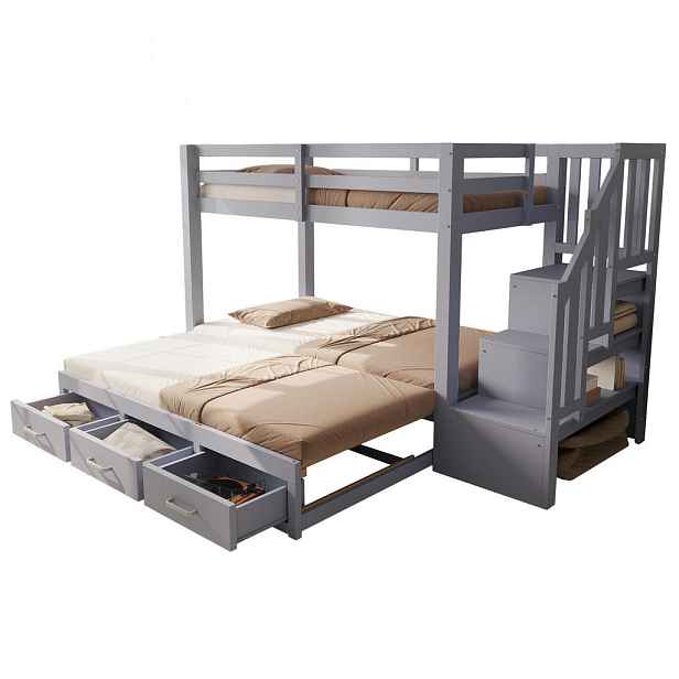 Redom PALANDA 90/200 cm s výsuvným lůžkem, úložným žebříkem a zásuvkami, dřevěná, Šedá