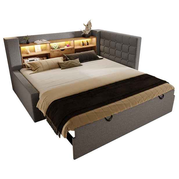 Redom POSTEL 90/200 cm s výsuvným lůžkem 90/190 cm, LED osvětlením, USB porty a lněným úložným čelem, Šedá