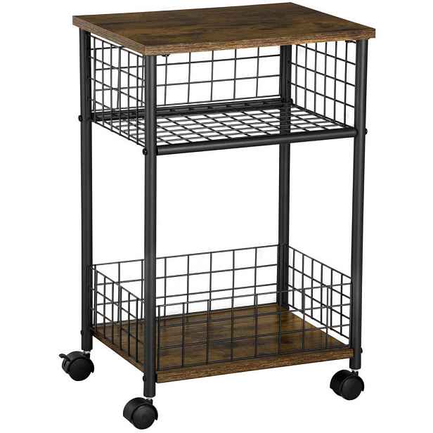 Redom KUCHYŇSKÝ vozík 40/30/62 cm se 4 kolečky, pracovní deskou a košem v industriálním stylu, Hnědá