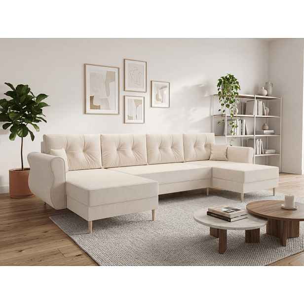 Rozkládací sedací souprava do U SILVIANO 300x140 cm, krémová + 2 polštářky ZDARMA