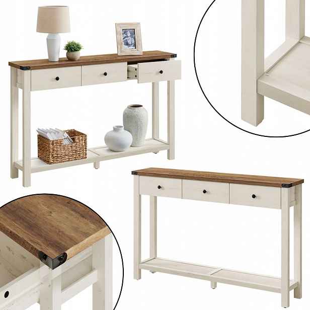 Konzola Loft Úzká boční regál s zásuvkami do předsíně bílá vintage