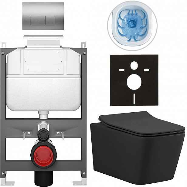 Kompletní WC set Basic/Forte - černá matná - WC tlačítko Modulo/Stříbrná - ovládání shora - předstěnová instalace - 51x36 cm