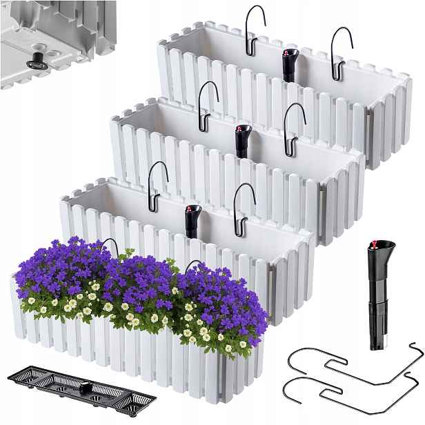 4x Balkonový Truhlík Květináč 60 cm Květináč S Úchytkami Závěsný Balkon Bílý