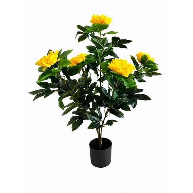 Umělá pivoňka v květináči 83 cm, 5 dekorativních květin, žlutá barva