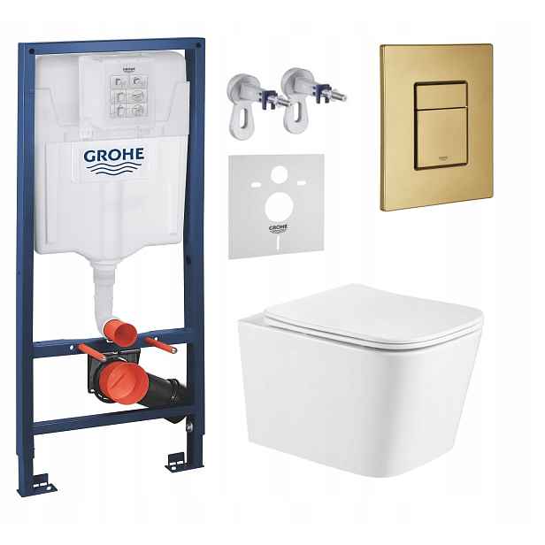 Podomítkový Wc set Grohe s mísou Alba a zlatým kartáčovaným tlačítkem Fresh