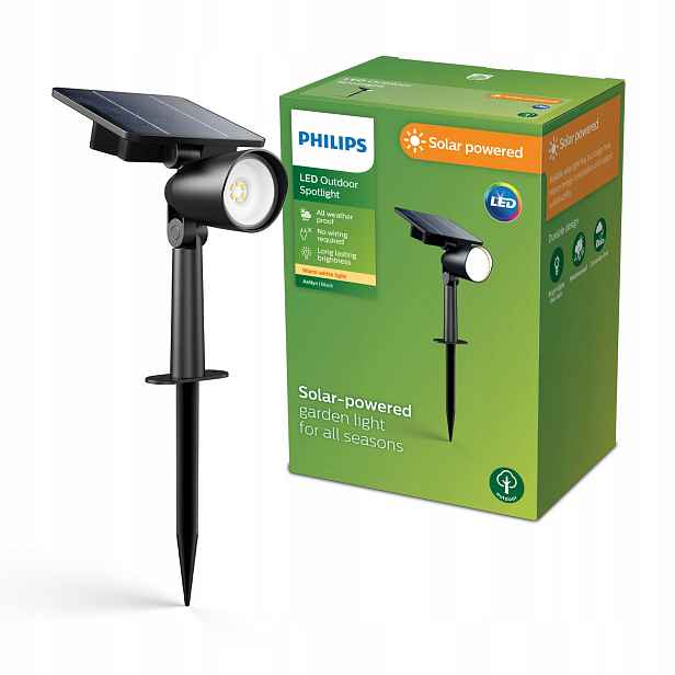 Solární zahradní lampa Bodové světlo Led s hrotem IP44 Černá Ashlyn Philips