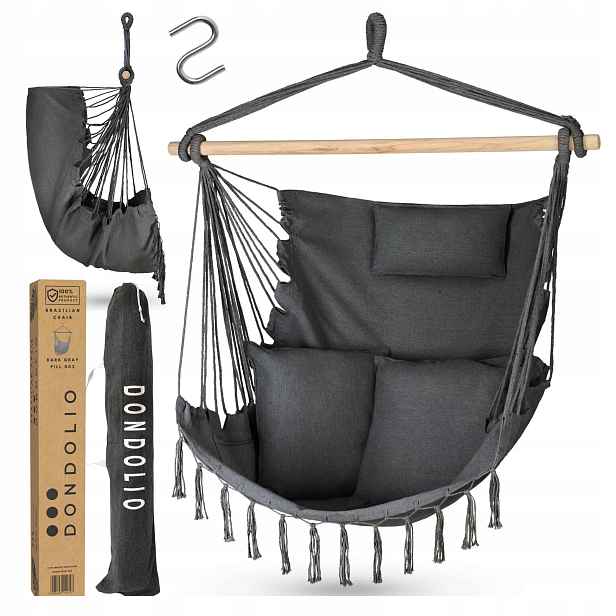 Brazilské Závěsné Křeslo Boho Houpačka Houpací síť 3 Polštáře 150 kg