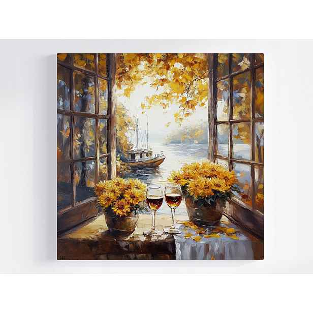 Obraz Na Plátně Plátně Okno Loď Loďské Víno Květiny Chryzantémy 50x50
