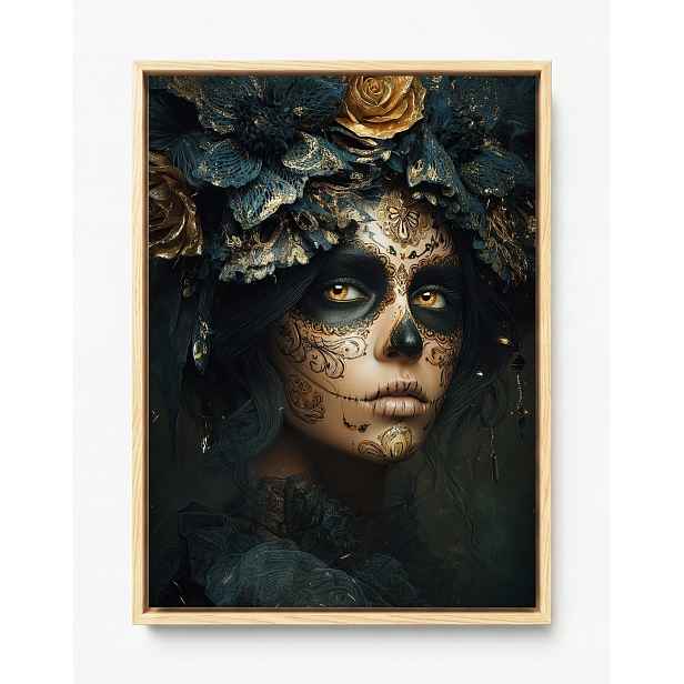 Obraz Rám American Box Dia De Los Muertos Catrina Zlaté Růže Art 60x80