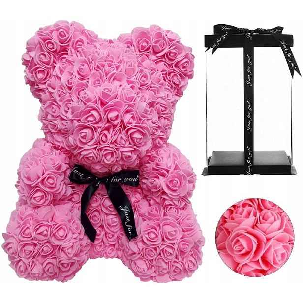 Velký růžový medvídek s růžemi – 40 cm Krabička se stuhou
