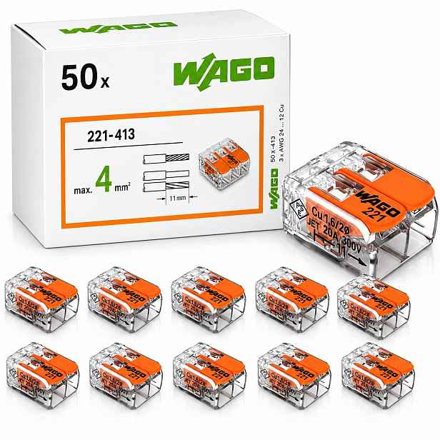 50x Konektor Wago Rychlospojka Sada 221-413 pro kabel 3x0,2-4 mm