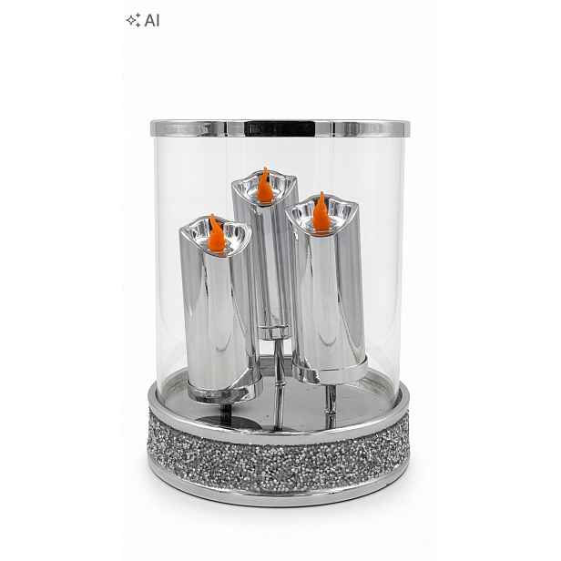 Svícen Kandelabr Ignis Cylinder Led 3 svíčky Stříbrné krystaly 24.5 cm