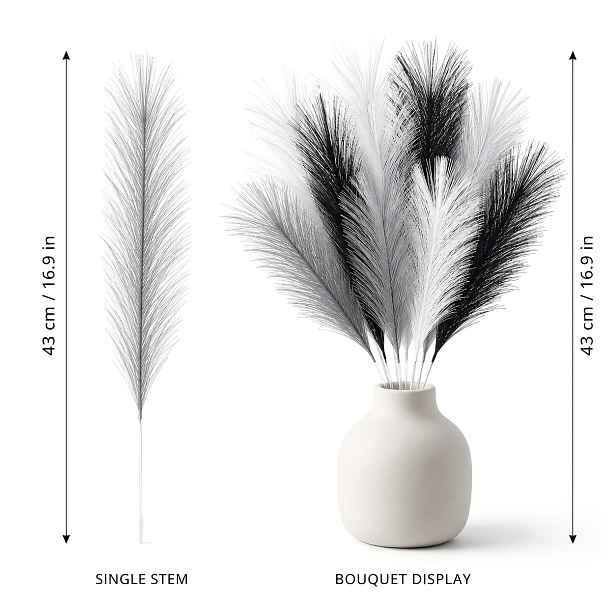 TEMU 24 Vysoce kvalitní šedá, černá a bílá tříbarevná imitace rákosové kytice, péřové větve trávy pampas, nadýchané a luxusní umělé sušené květiny,