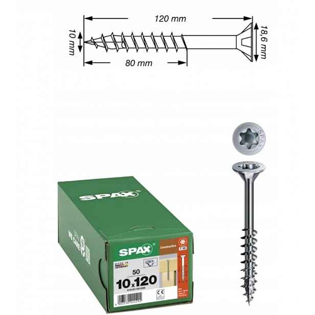 Univerzální vruty Wirox do dřeva, konstrukce Spax 10 x 120 mm 50 ks