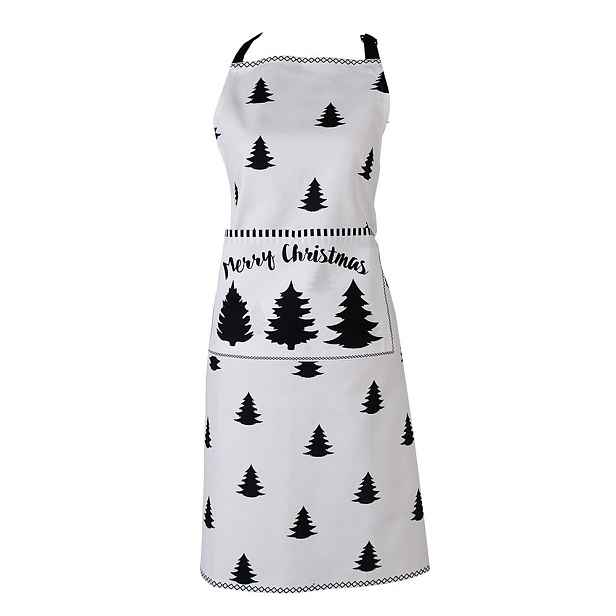 Bílá bavlněná zástěra se stromky Black&White X-Mas - 70*85 cm Clayre & Eef