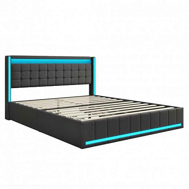 ČALOUNĚNÁ postel 140x190 cm s LED osvětlením, USB portem, 4 zásuvkami a výklopným čelem, šedá