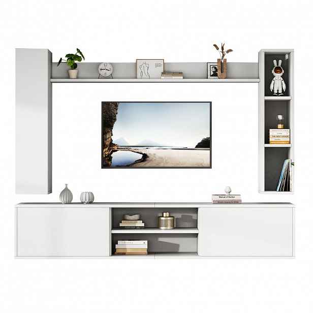 OKWISH TV stěna 180/35/33,5 cm bílá z dřevotřísky s úložným prostorem a závěsnou montáží