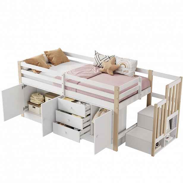 OKWISH PATROVÁ postel 90/200 cm bílá se schody a úložným prostorem z MDF