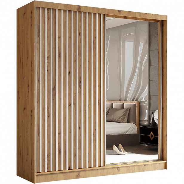 Beautysofa SKŘÍŇ s posuvnými dveřmi Helix 200/216/61 dub Artisan + bílá se zásuvkami