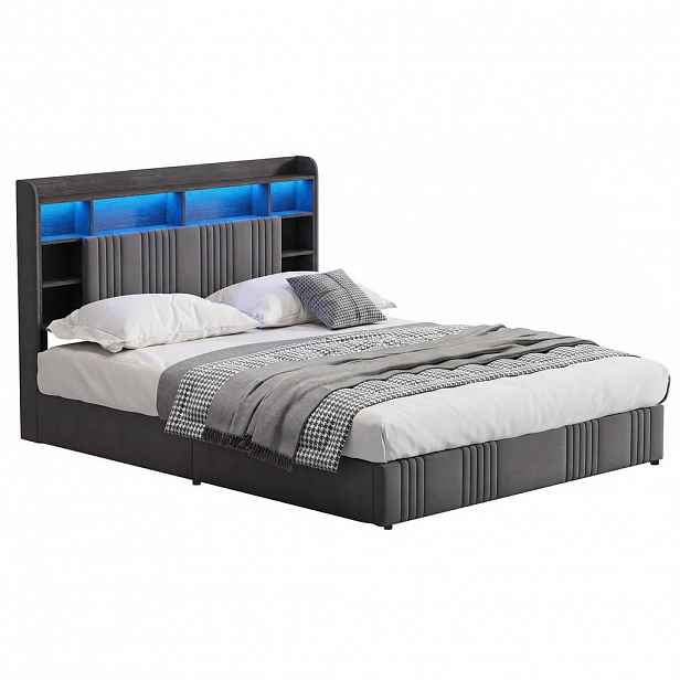 ČALOUNĚNÁ postel 140x200 cm šedá s LED osvětlením, bed boxem a nabíjecí stanicí USB-C