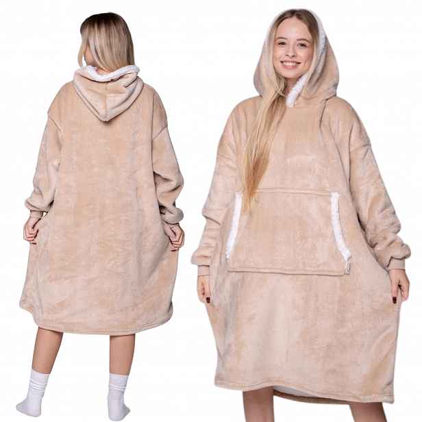 Koc oversize mikina Teplá Tlustá Mikinová Deka 2v1 XXL Béžová Dárek Kožešina