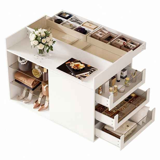 EVRYAE SIDEBOARD se skleněnou deskou, 5 zásuvkami, přihrádkami a otočnými kolečky Bílá 110/60/79 cm
