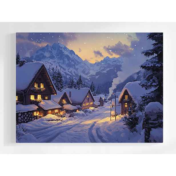 Plakát Krajina Noc Večer Hory Alpy Sníh Zima Domy 100x75