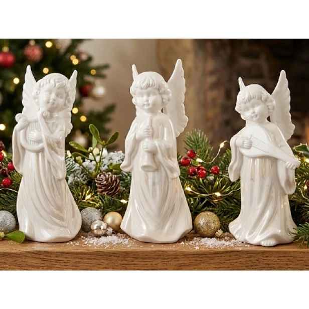 Dekorační soška (mix) Anděl s hudebním nástrojem, bílý porcelán