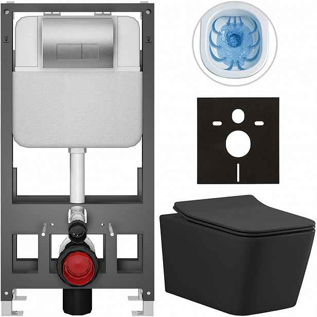 Kompletní WC set Basic/Forte - černá matná - WC tlačítko Modulo/Stříbrná - volně stojící - předstěnová instalace - 51x36 cm