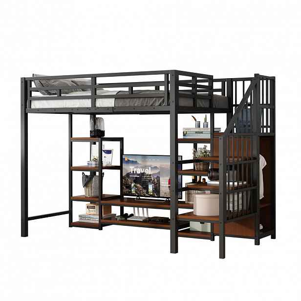 FLIEKS VYVÝŠENÁ POSTEL 90x200cm Kov Dřevo TV Stolek Zásuvka Černá