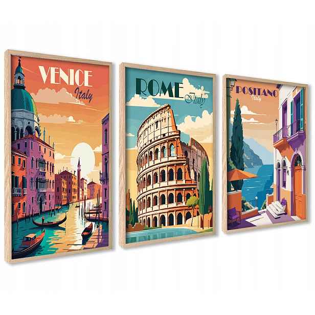 Sada 3 Plakátů Vintage Retro Itálie Italia barevné grafiky Řím Benátky