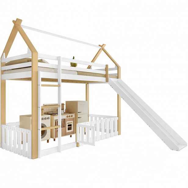 OKWISH PATROVÁ postel 90/200 cm bílá/přírodní z borovice a MDF se skluzavkou
