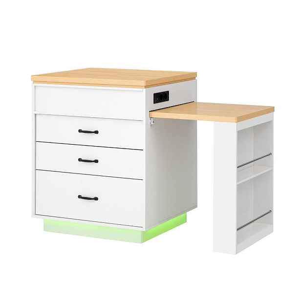 Redom KUCHYŇSKÝ ostrůvek 125,5–187,5/71/93 cm s výsuvným stolem, LED osvětlením, USB a Type-C, Bílá