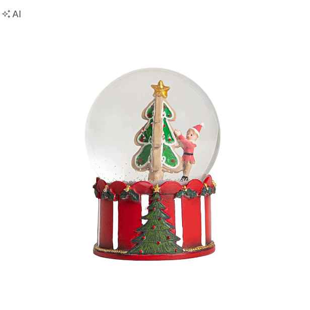 Led sněhová koule Ronie s vánočním stromkem na pruhovaném podstavci 10 x 13,5 cm Homla
