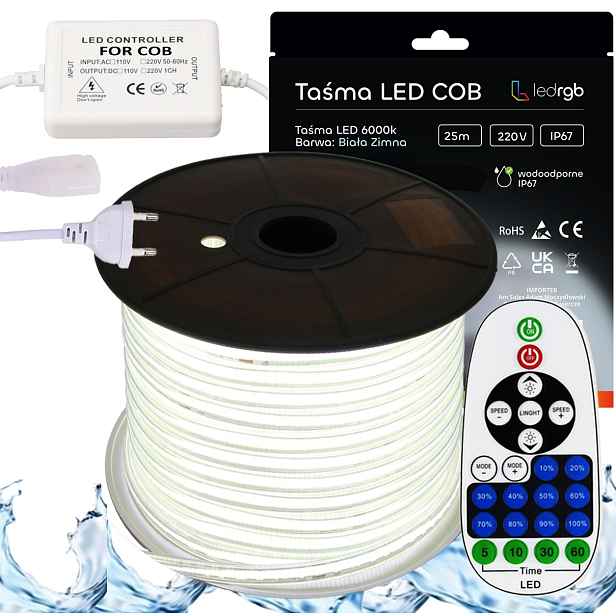 Set Led pásek Cob 230V 25 m 6000K Bílý Studený Napájecí Zdroj Ovladač Dálkový Ovladač Ir