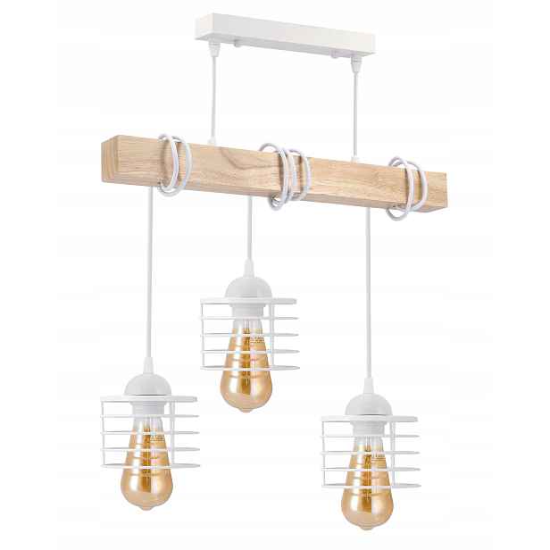 Závěsné Stropní Svítidlo Led Bílá Dřevěná 3x E27 Lustr Pružina Bílá