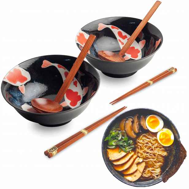 Sada Misky Naběračky Tyčinky na polévku Těstoviny Ramen Motiv Koi Edo Japan