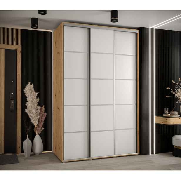 Šatní skříň YVONA 4 - 150/60 cm, dub artisan / bílá / stříbrná