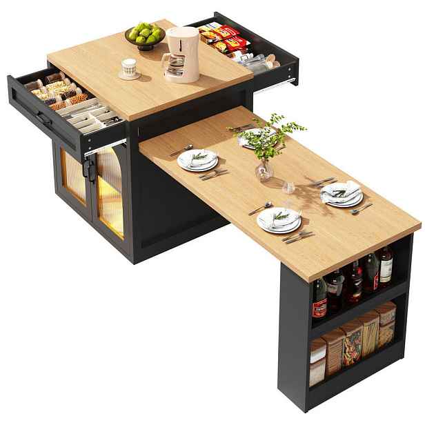 Redom KUCHYŇSKÝ ostrůvek 126–196/59/94 cm s RGB LED osvětlením, výsuvnou deskou a úložným prostorem, Černá