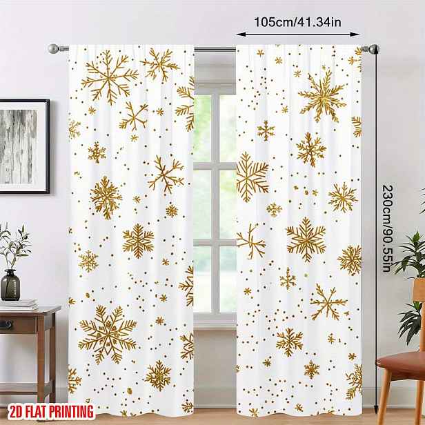 TEMU 2D Ploché, 2 ks Vánoční Zlaté Sněhové Vločky Elegantní Tiskové Závěsy, Instalace na Tyč, Ideální pro Studovnu, Moderní Ložnici, Stylový Obývací